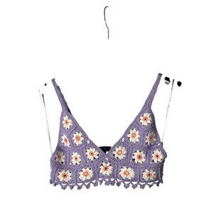 Debut Womens Crop Top Size S/M Floral Crochet Granny Square Purple White Peach